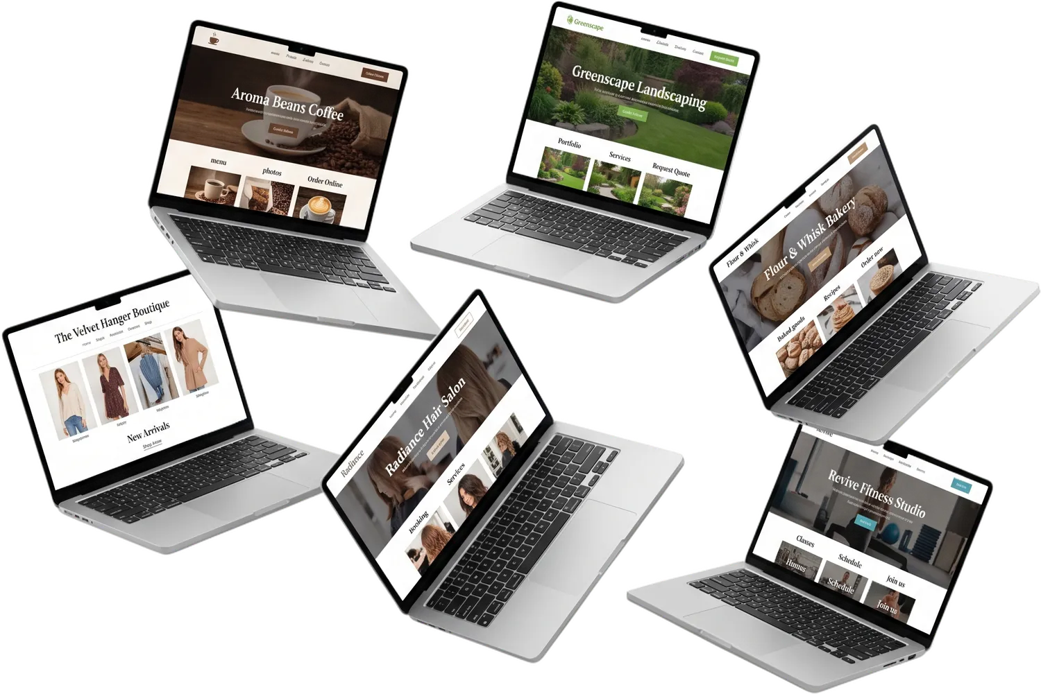 Six laptops floating, each showing a small business website: a coffee shop, a bakery, a boutique, a hair salon, a landscaping company, and a fitness studio