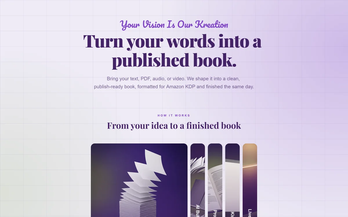 The LDD Book Studio home page, showing the headline and the five step process
