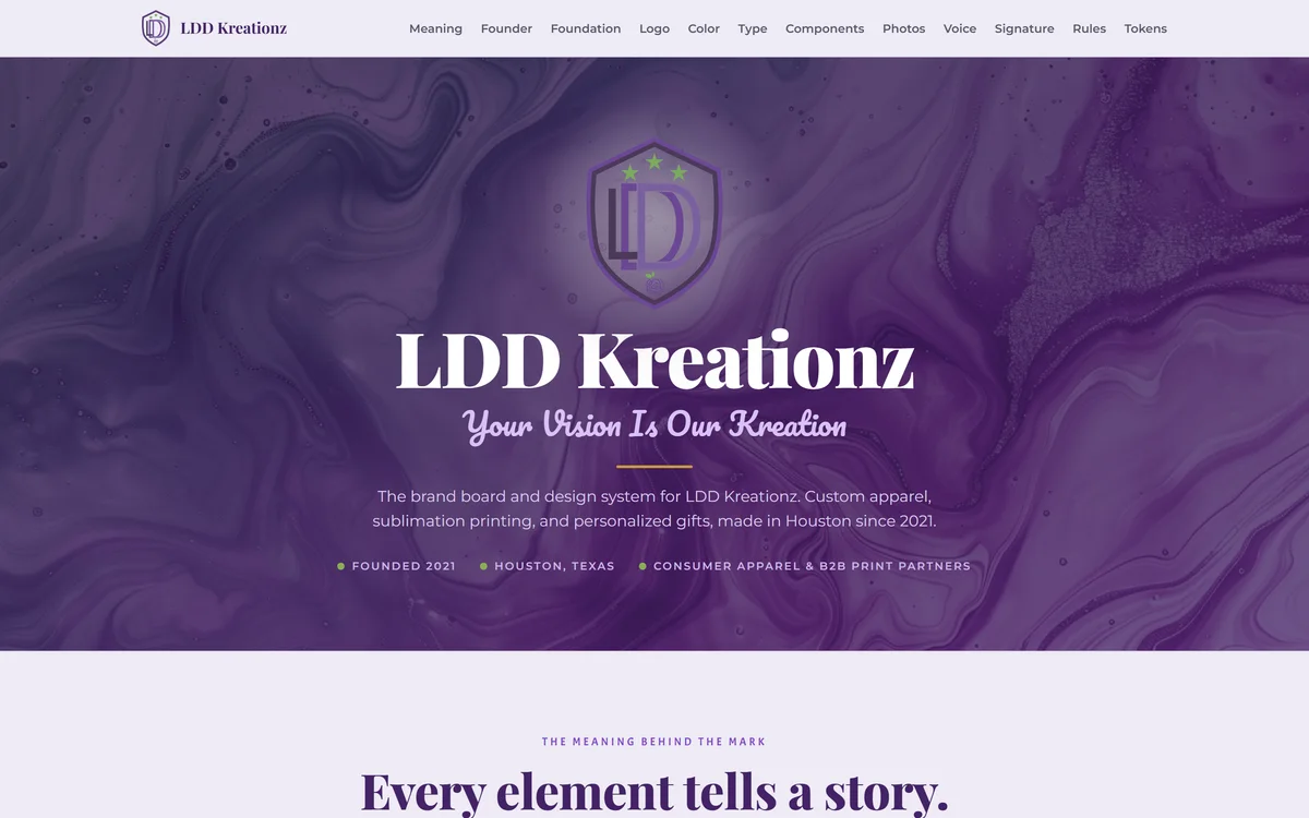 The LDD Kreationz brand board, showing the logo, tagline and brand story